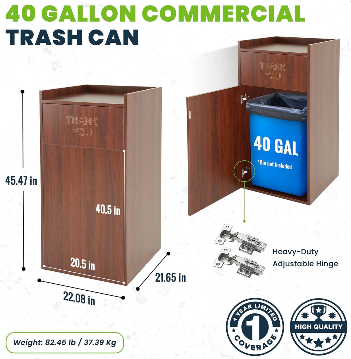 Alpine Restaurant Trash Can Cabinet - Commercial Trash Can 40 Gallon, Garbage Receptacle Indoor