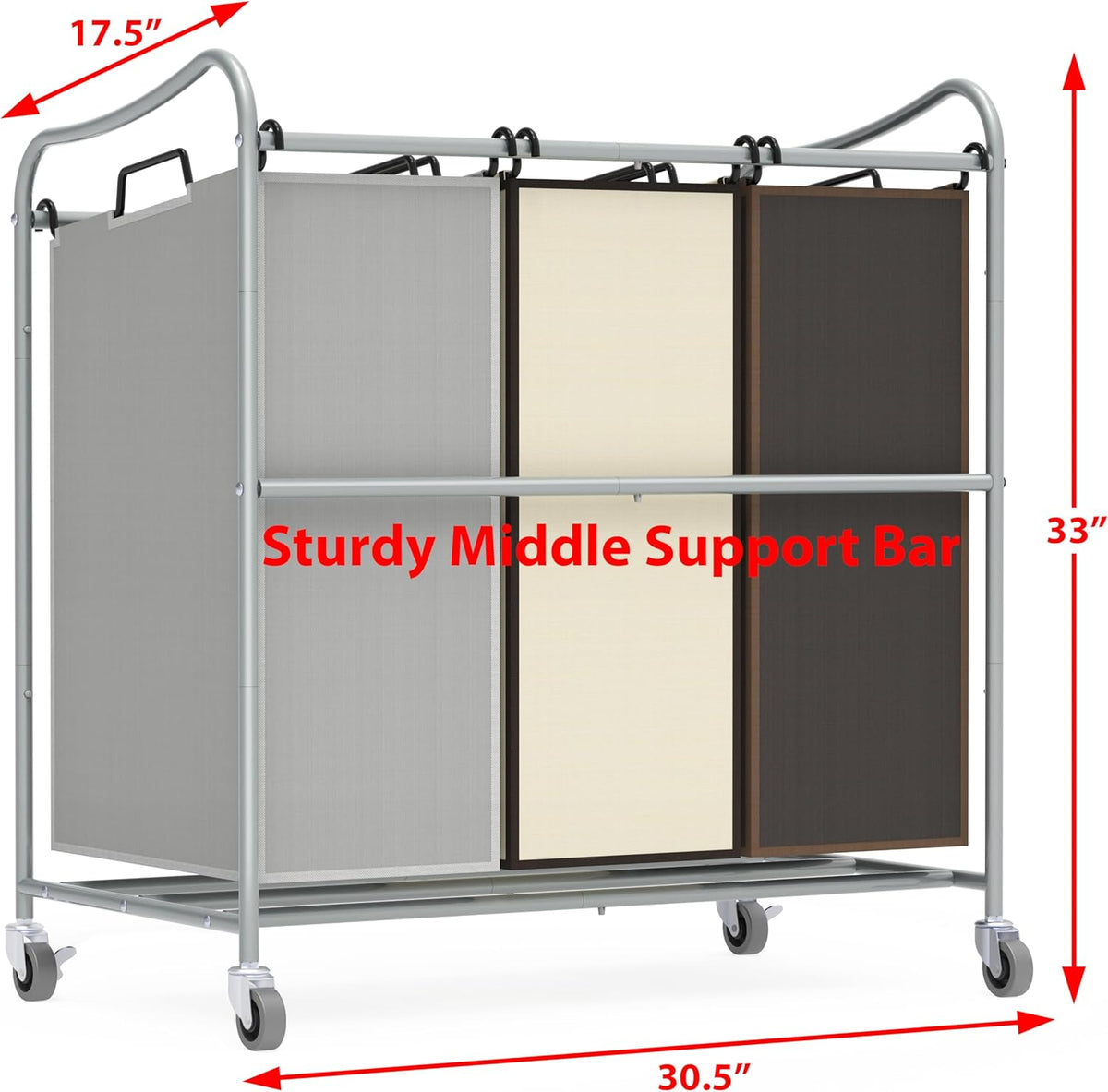 Simple Houseware Heavy Duty 3-Bag Laundry Sorter Rolling Cart, Silver/Assorted – Durable Triple