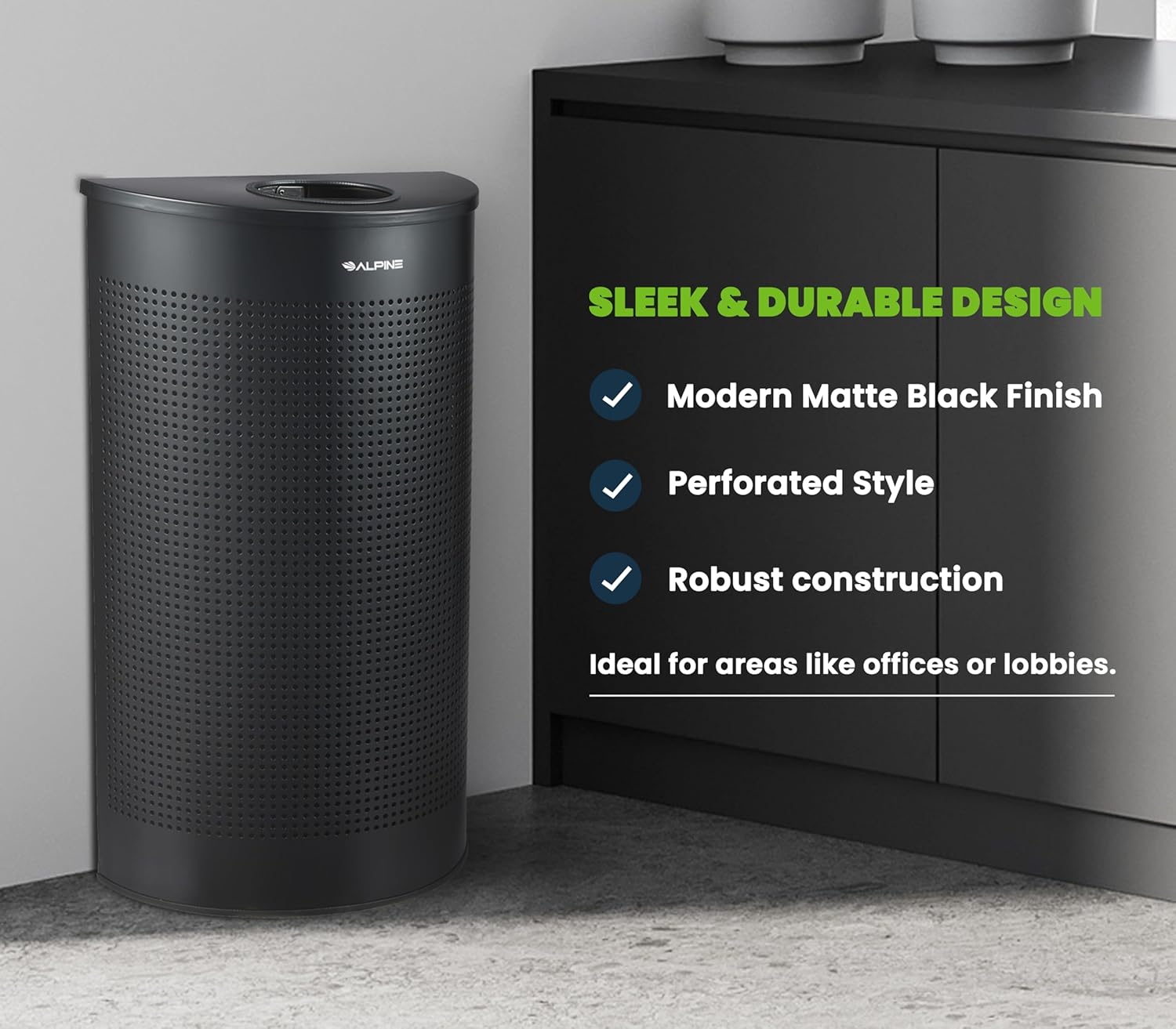 Alpine Half Round Trash Can Open Top - Modern Black Metal 12 Gallon, Space Saving Indoor Commercial