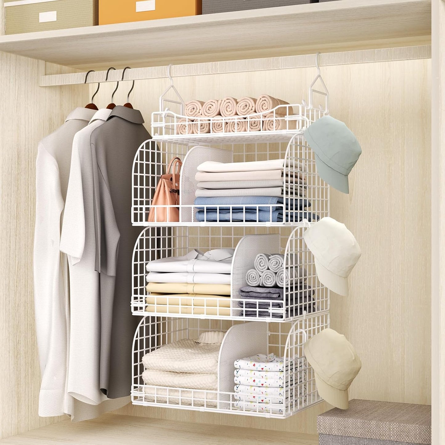 HapiRm Hanging Closet Organizer Storage - 3 Tier Metal Stackable Hanging Closet Shelves with