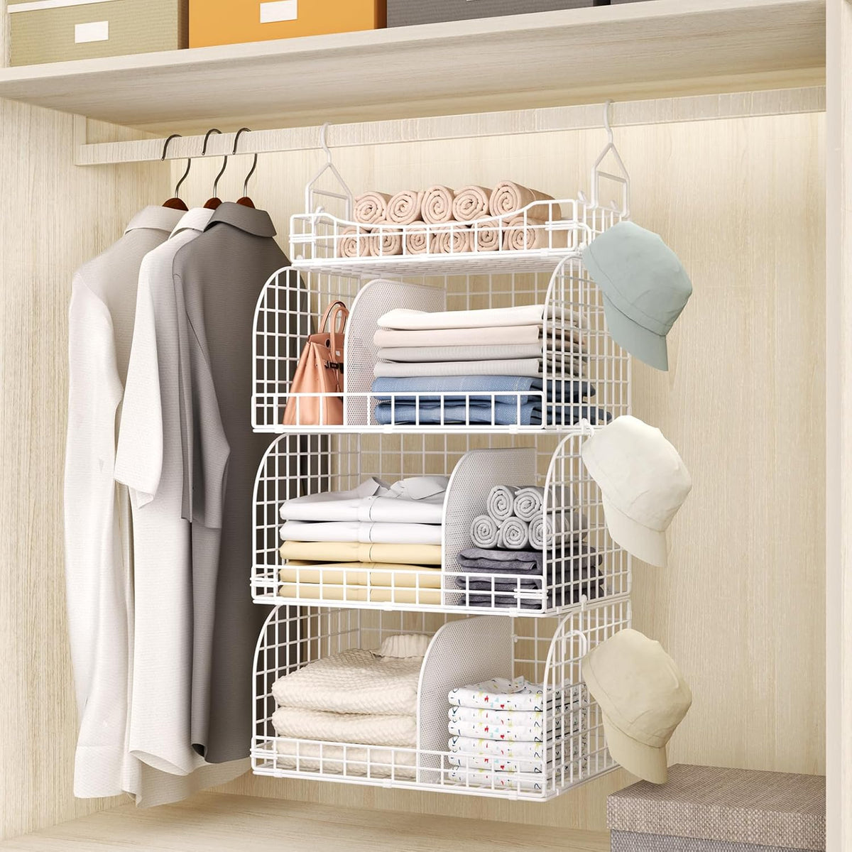 HapiRm Hanging Closet Organizer Storage - 3 Tier Metal Stackable Hanging Closet Shelves with