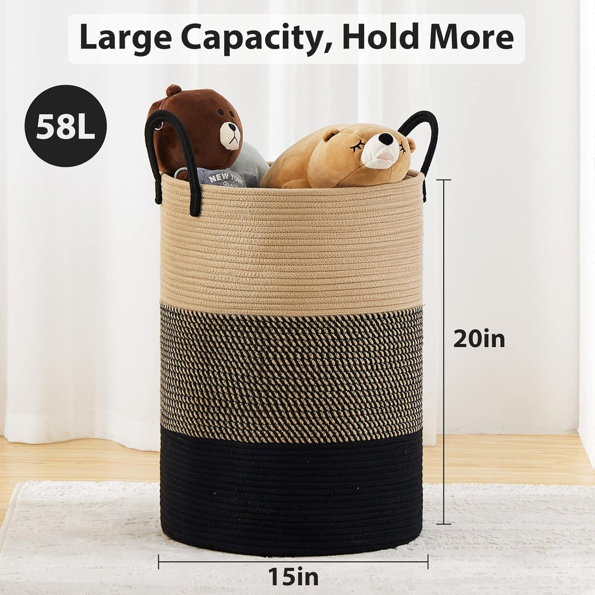 Fiona's magic 58L Large Woven Laundry Hamper, Tall Cotton Rope Laundry Basket, Boho Storage Basket