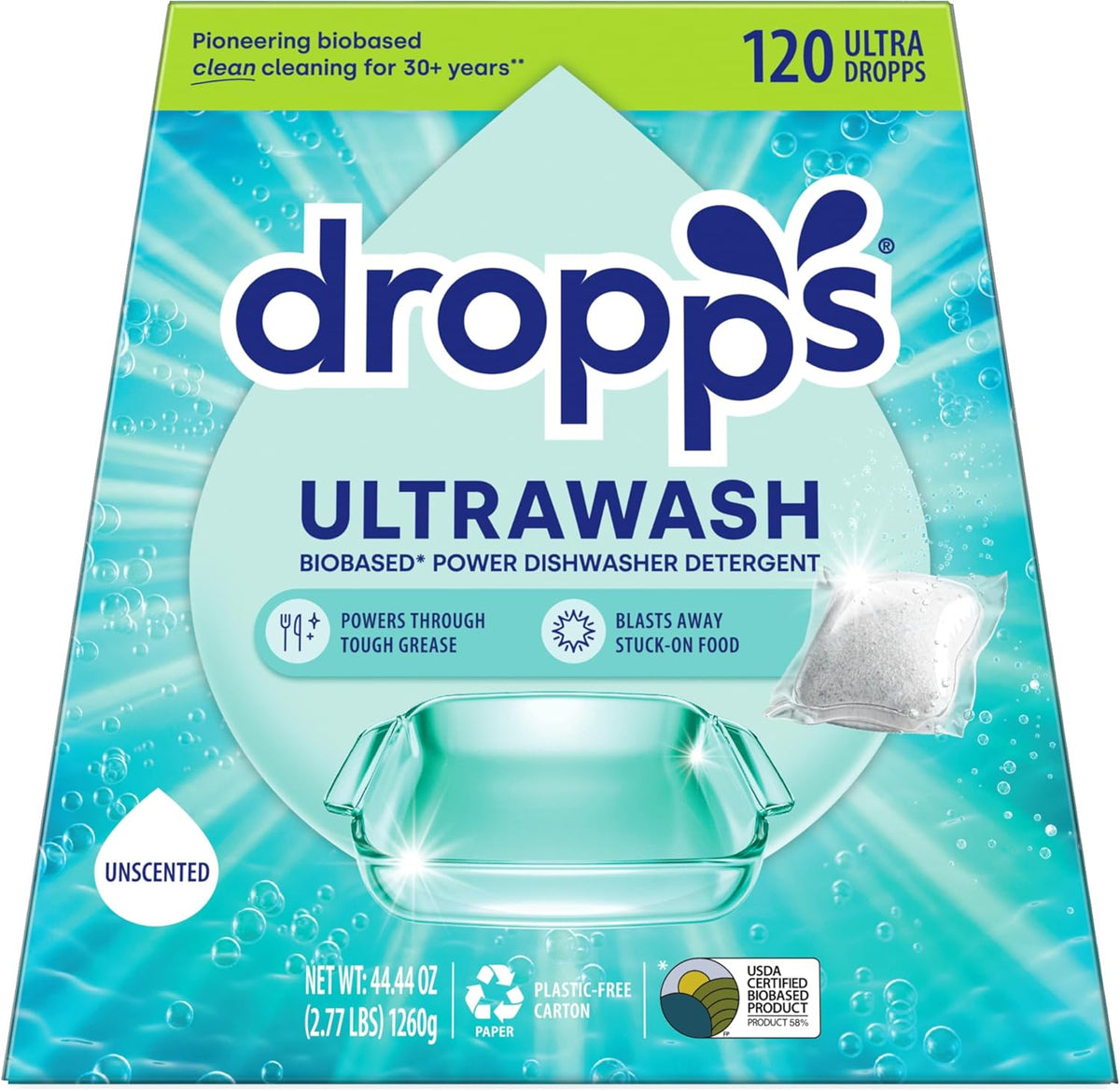 Dropps UltraWash Dishwasher Pods, Unscented (120 Count) - Biobased Power Deep Clean Dishwasher