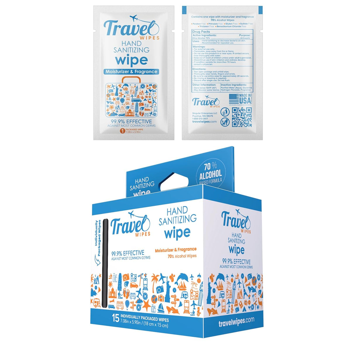 Hand Sanitizing Travel Wipes – 15ct Individually Wrapped | Fresh Citrus Scent, Moisturizing, 70%