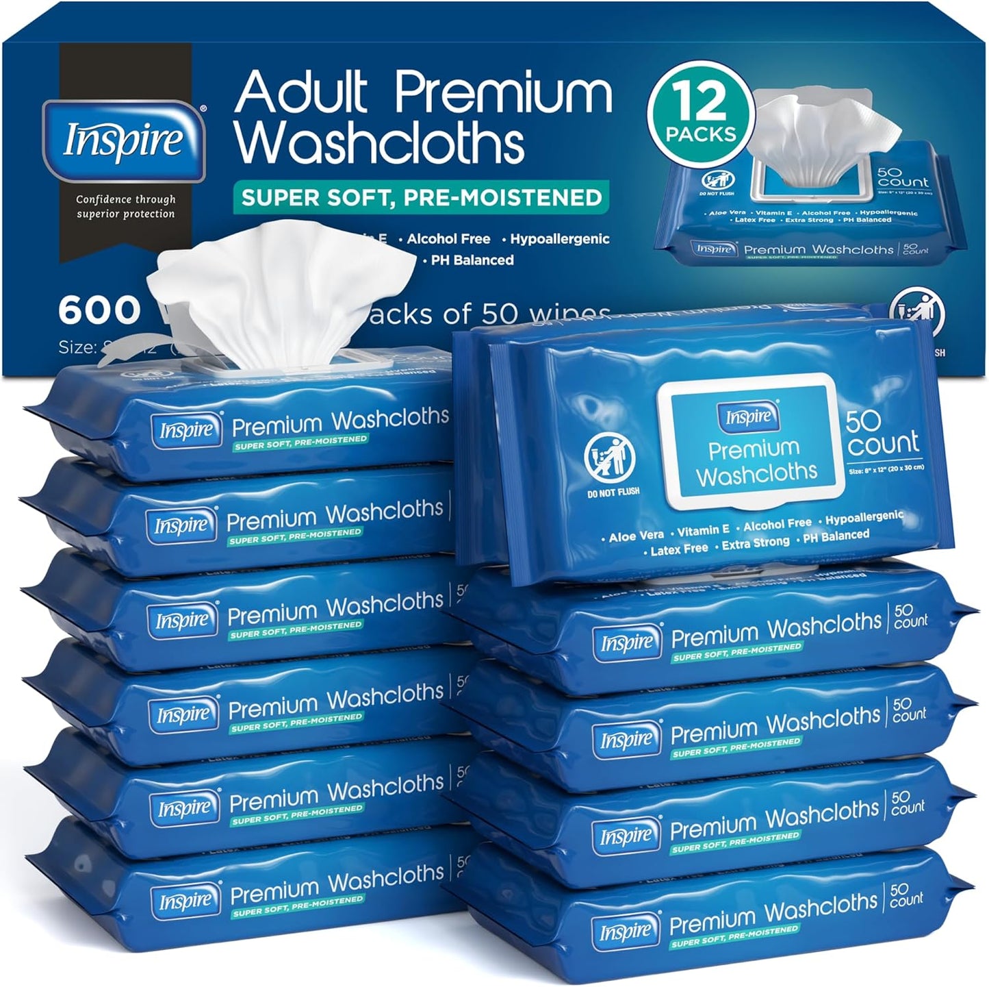 Inspire Adult Wet Wipes, Wash Cloths | Adult Wipes for Incontinence & Cleansing for Elderly, 8"x12"