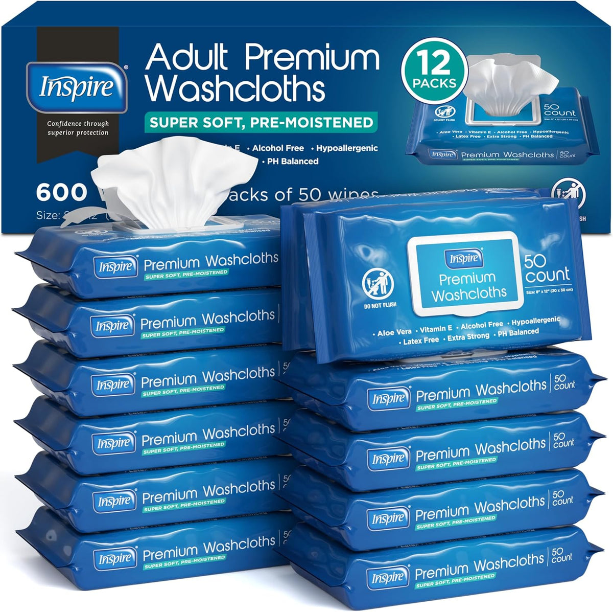 Inspire Adult Wet Wipes, Wash Cloths | Adult Wipes for Incontinence & Cleansing for Elderly, 8"x12"