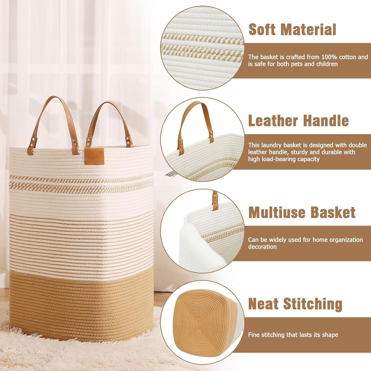 danpinera 100L Nursery Hamper, Tall Woven Laundry Basket with Long Leather Handles, Boho Laundry