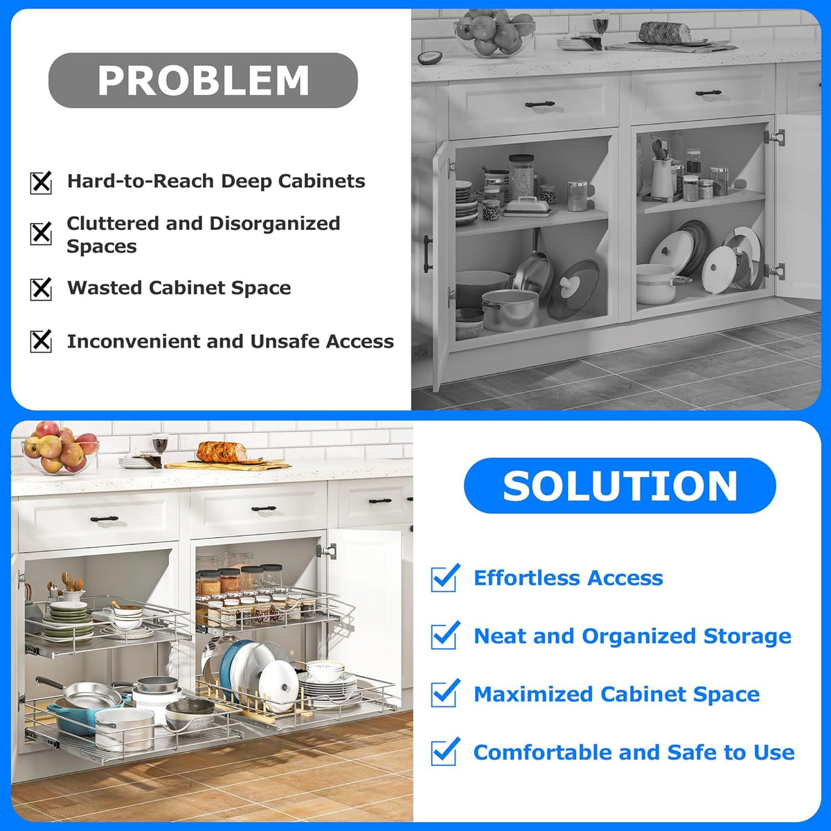 WelFurGeer 2-Tier Stainless Steel Pull Out Cabinet Organizer, Soft Close Damping Slides, Heavy Duty