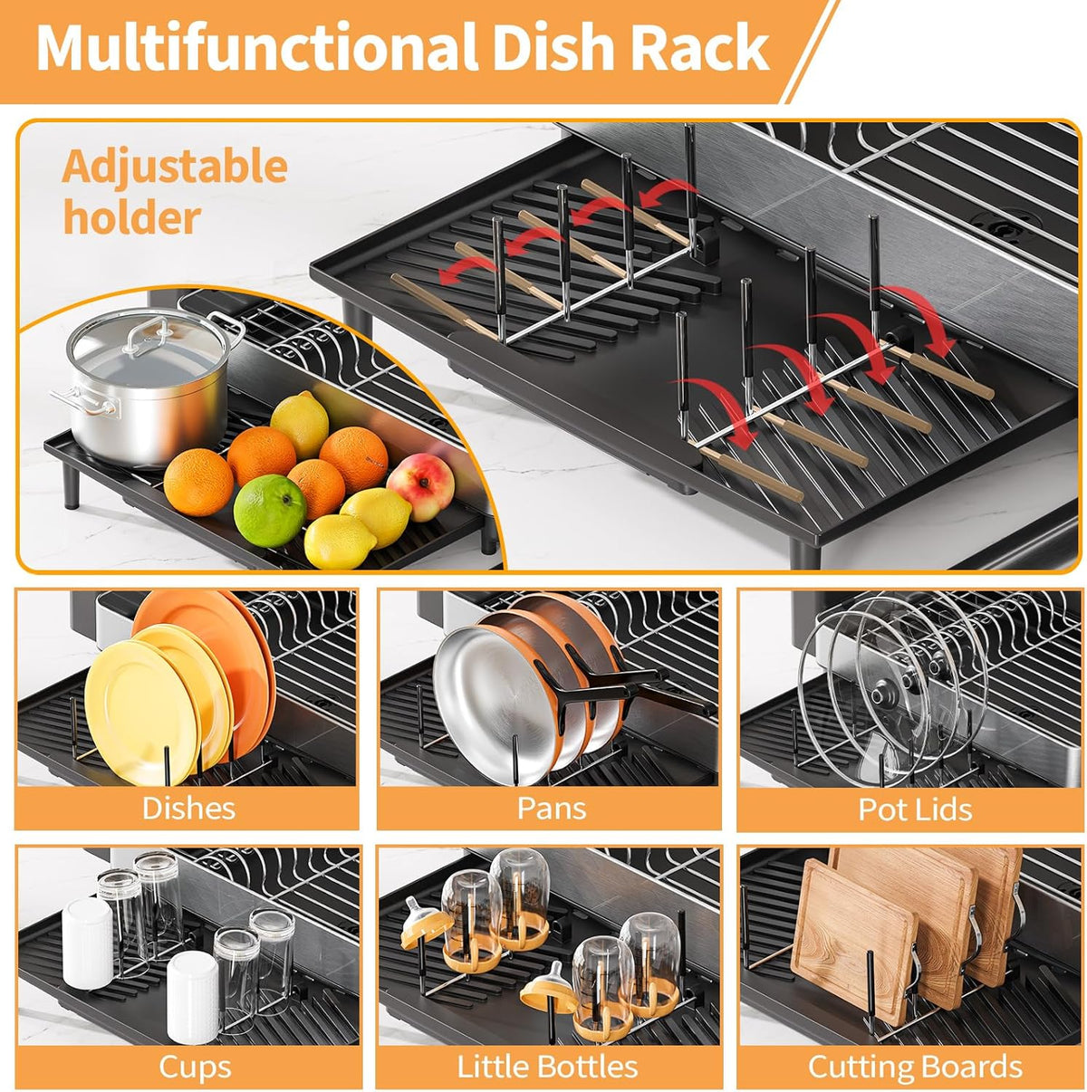 Expandable Dish Drying Rack for Kitchen Counter, 304 Stainless Steel Dish Rack, Multi-Function Dish