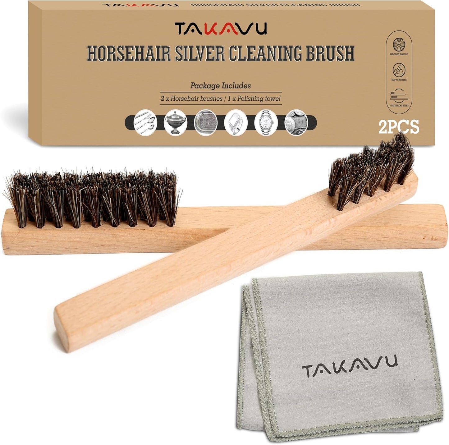 TAKAVU Horsehair Detail Brush Set, Silver Cleaning Brushes & Polish Cloth for Silverware Plateware