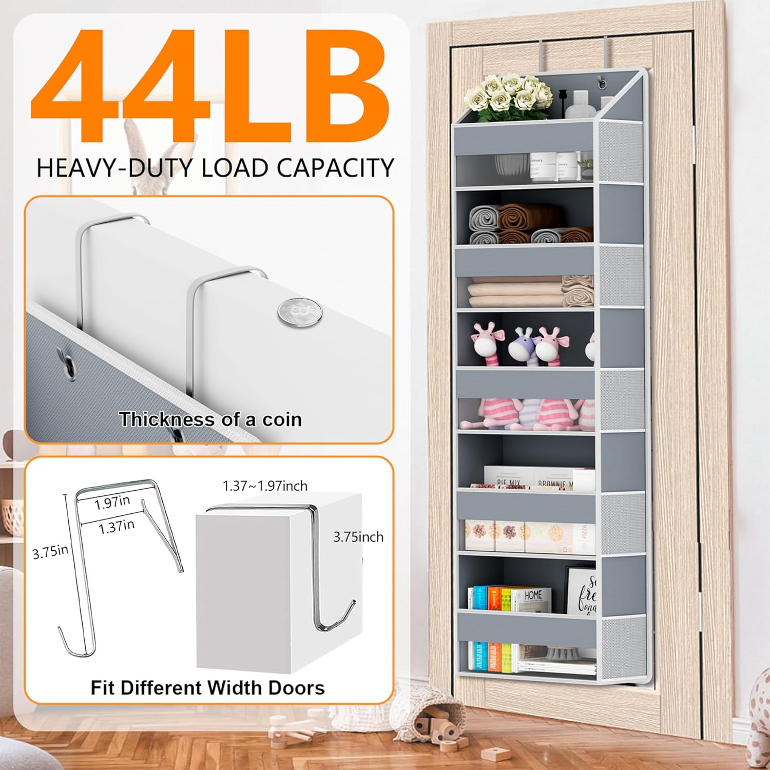 Over The Door Organizer - Over Door Storage Organizer with 5 Large Pockets & 10 Mesh Side