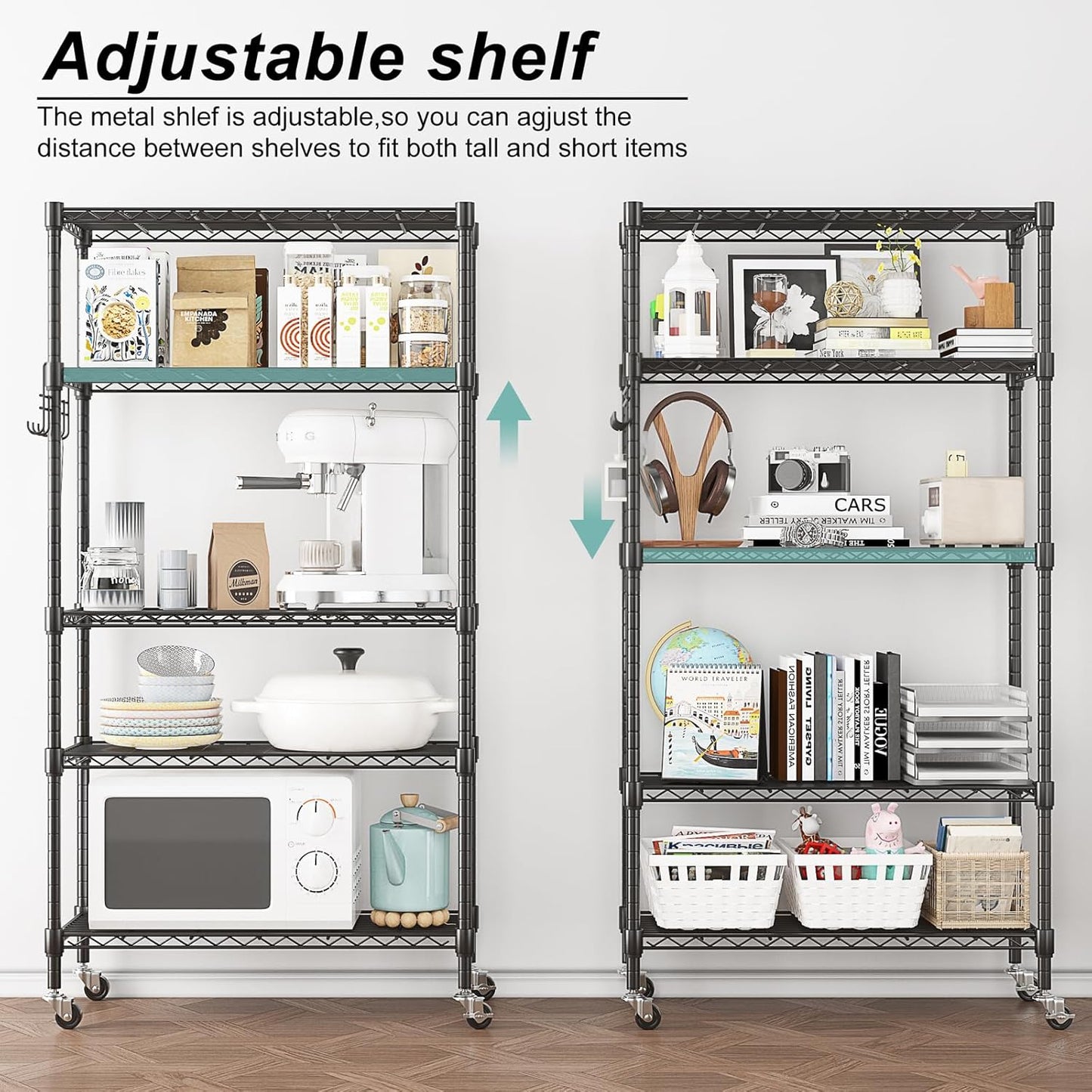 Himimi 5-Tier Storage Shelf Wire Shelving Unit on Wheels Heavy Duty Metal Shelves Adjustable Steel