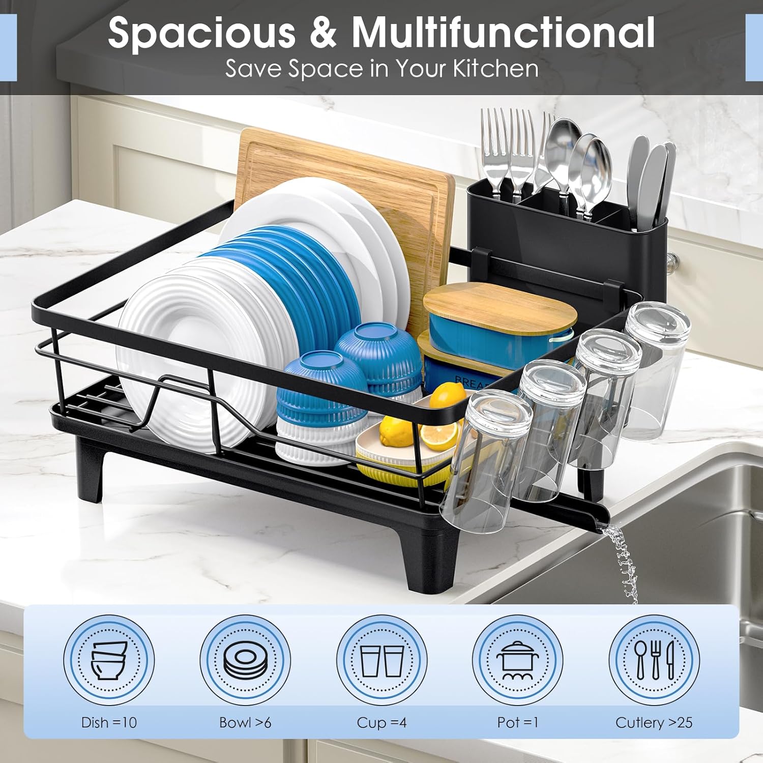 Dish Drainers for Kitchen Counter - Large Capacity Dish Drying Rack with Drainboard, Rustproof &