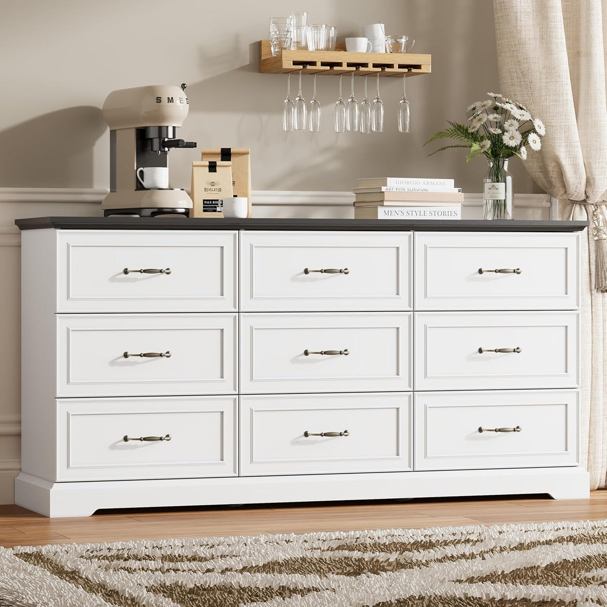 9 Drawer Dresser for Bedroom, 63" Wide Wooden Chest of Drawers, Rustic Farmhouse Dresser with Large
