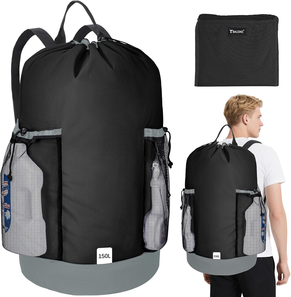 BALEINE 150L Laundry Bag Backpack, 900D Oxford Fabric Large Travel Laundry Bags with Shoulder