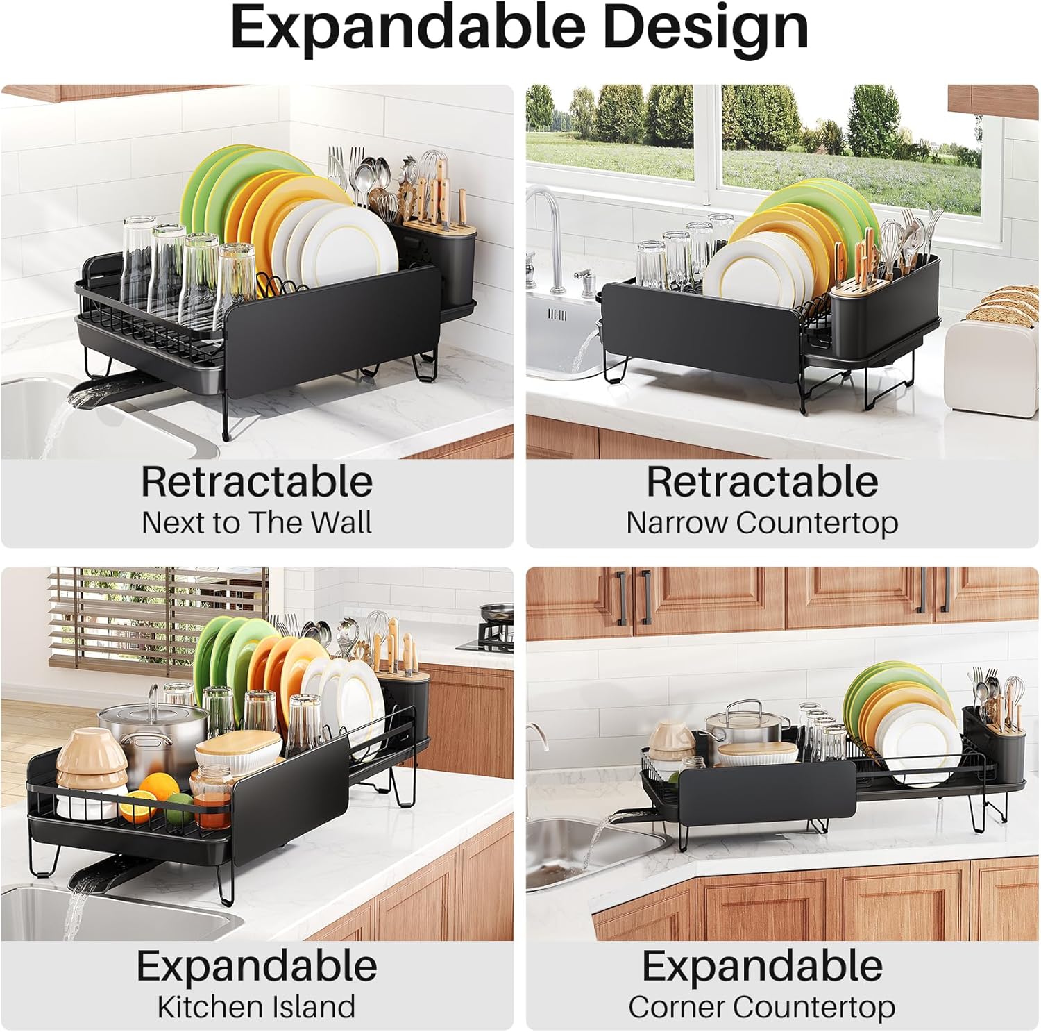 Dish Drying Rack - Large Dish Racks for Kitchen Counter, Expandable Dish Drainers with Cutlery