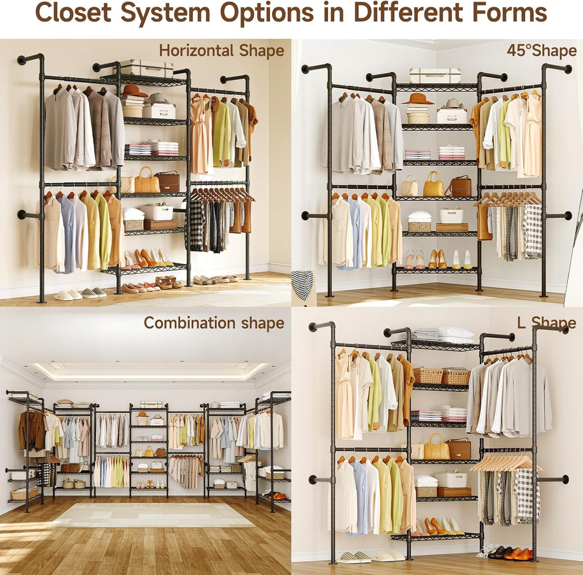 ONBRILL H3 Wall Mounted Closet System, Expandable Industrial Pipe Clothes Rack Clothing Rack for