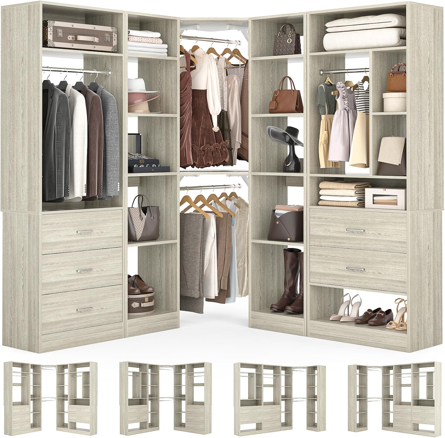 Corner Closet System with 5 Drawers, Closet Organizer System with 15+Shelvess & 4 Hanging Rods