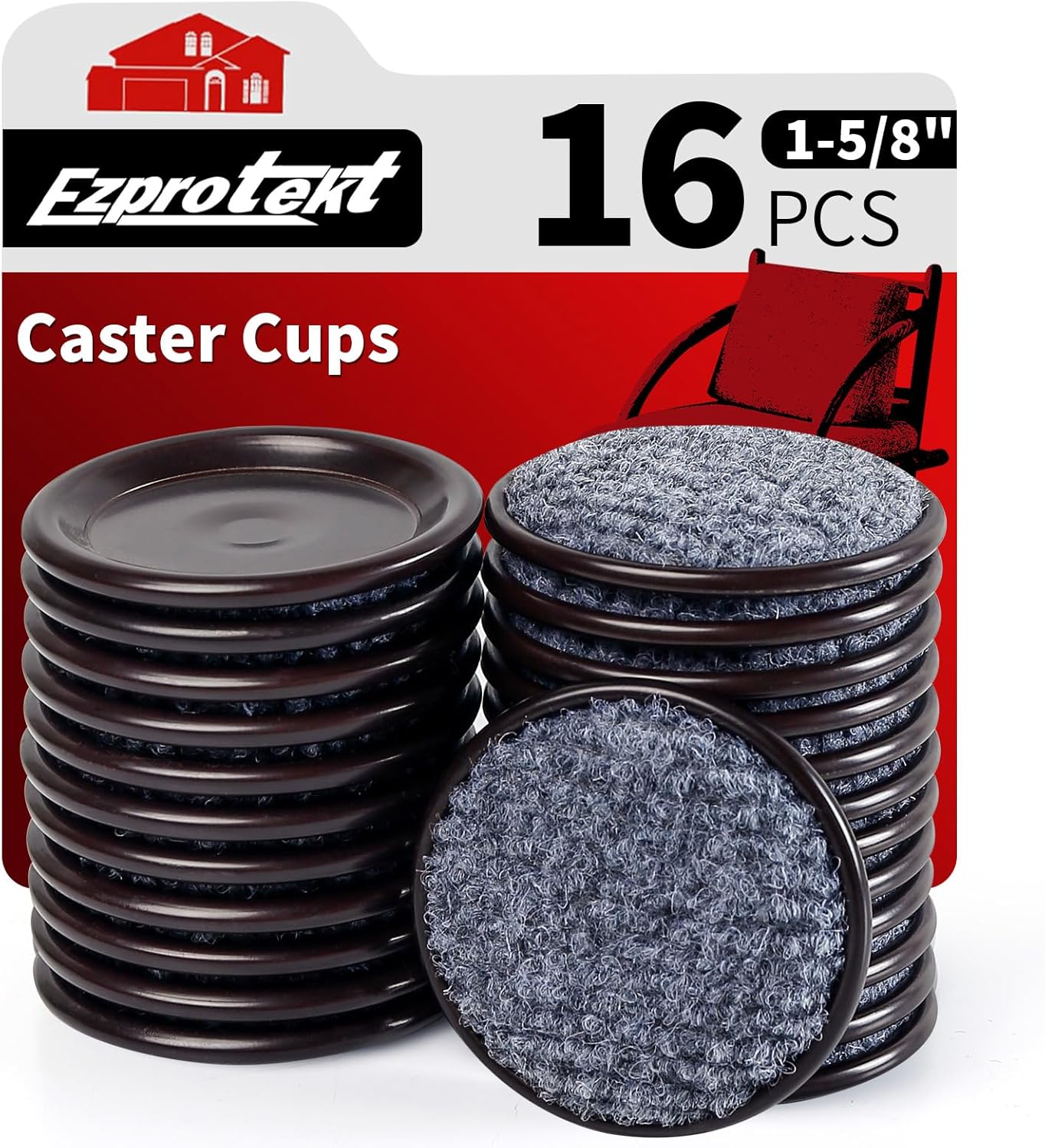 Ezprotekt 1 5/8" Round Reusable Felt Furniture Caster Cups with Carpet Bottom, 16 Pcs Felt