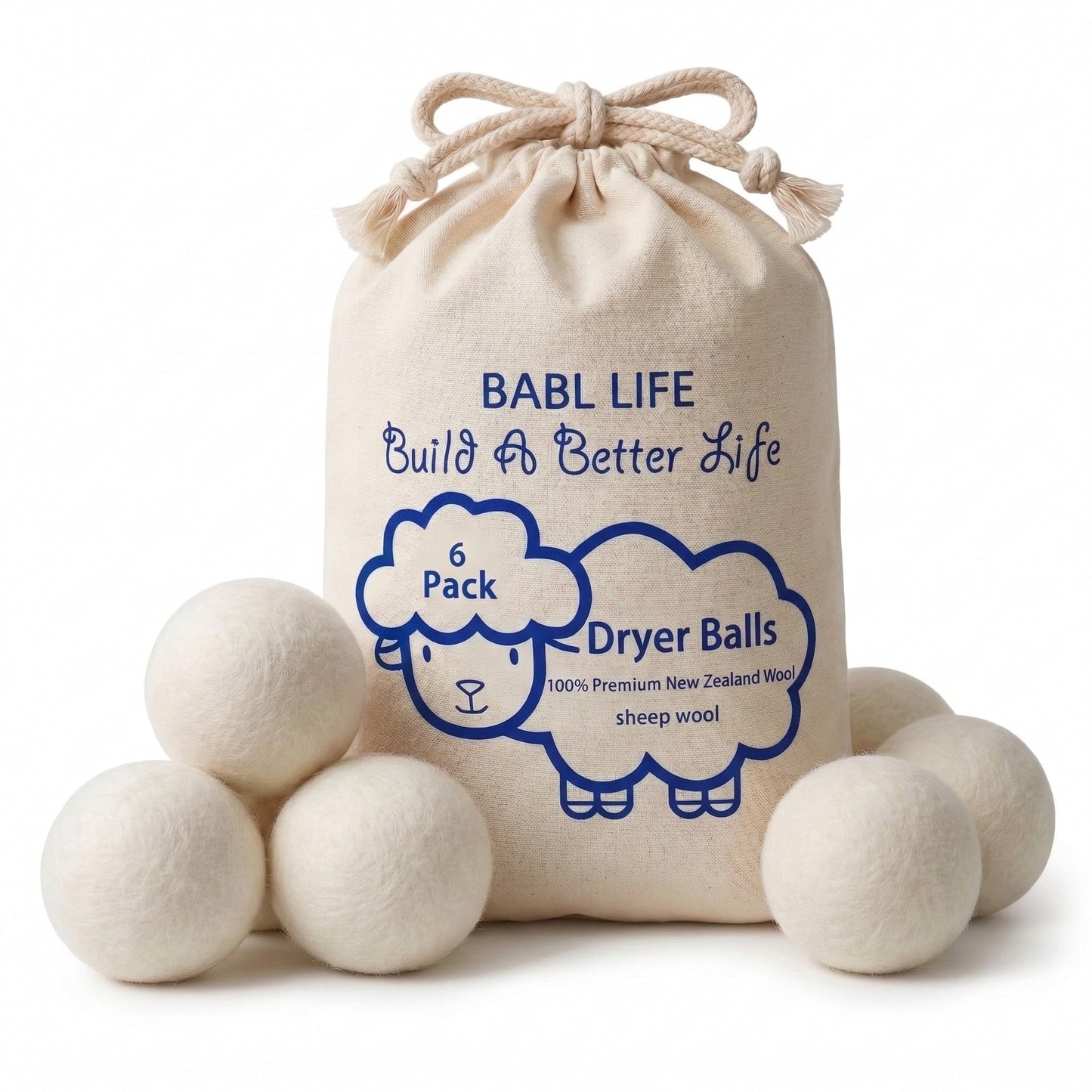 BABL LIFE Wool Dryer Balls 6 Pack, 100% New Zealand Wool, Reusable Dryer Balls for Laundry, Natural