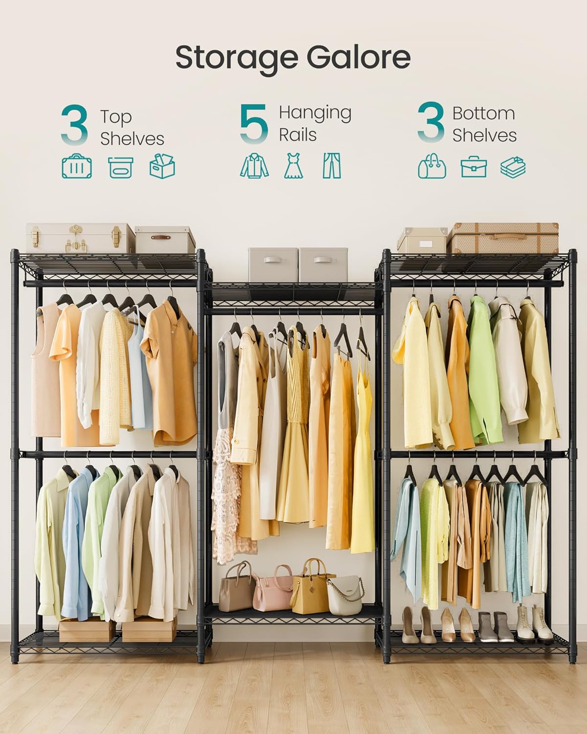 SONGMICS Heavy-Duty Clothes Rack, Garment Rack, Portable Closet, 86.4-Inch Wide Clothing Rack with