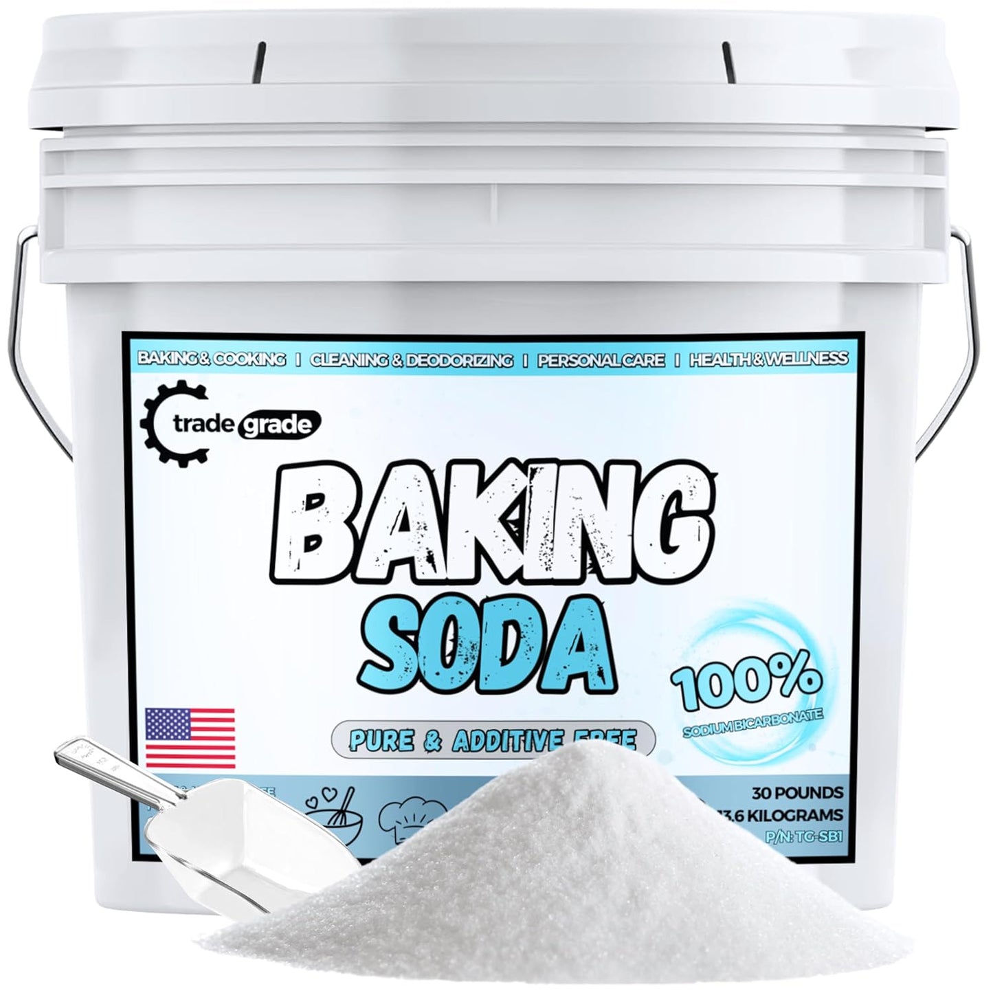 TradeGrade Pure Baking Soda Powder – 30 lb Bucket, Sodium Bicarbonate Powder | Premium Food-Grade