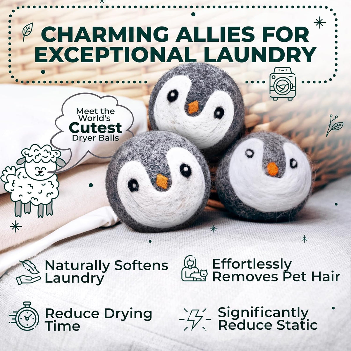 No More Dryer Sheets! Reusable Wool Dryer Balls XL 6-Pack - Reduces Static, Cuts Dry Time, &