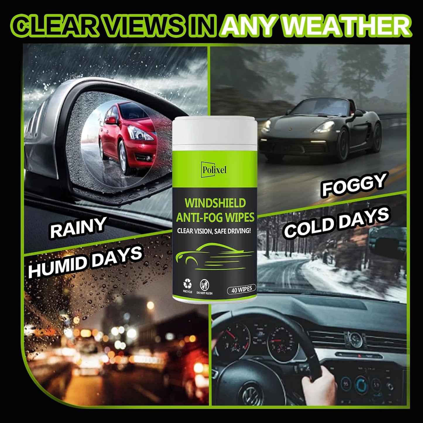 Glass Anti-Fog Wipes - Quick Windshiled Fogging Remover Resealable Bottle Pack Defogger for