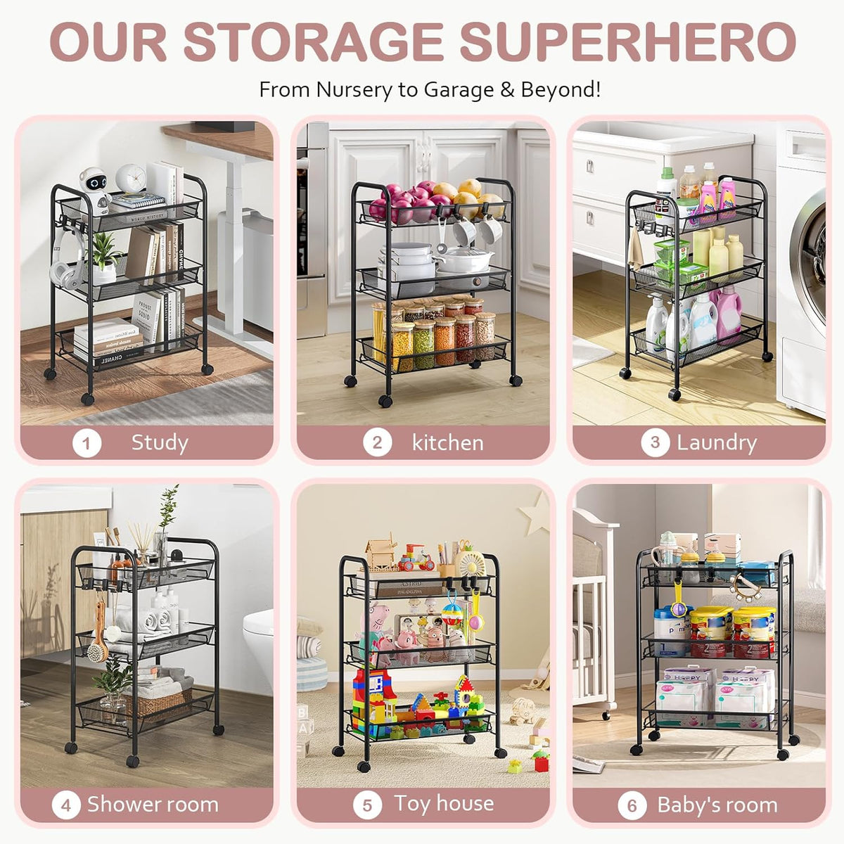 TOOLF 3-Tier Metal Rolling Cart, Mesh Wire Easy Assemble Utility Cart, Storage Trolley on Wheels