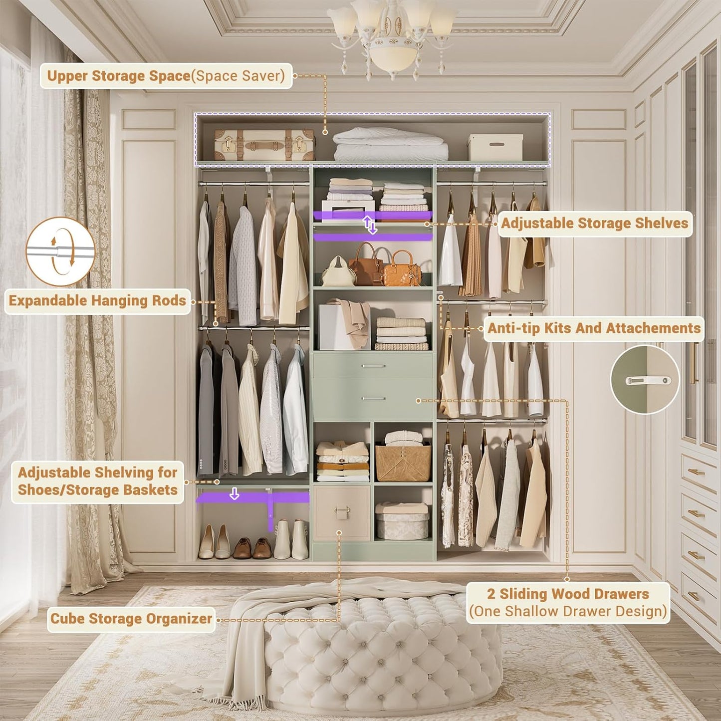 5FT Small Closet System, Baby Closet Organizer System with Wooden Drawers, 60 Inches Walk in Closet