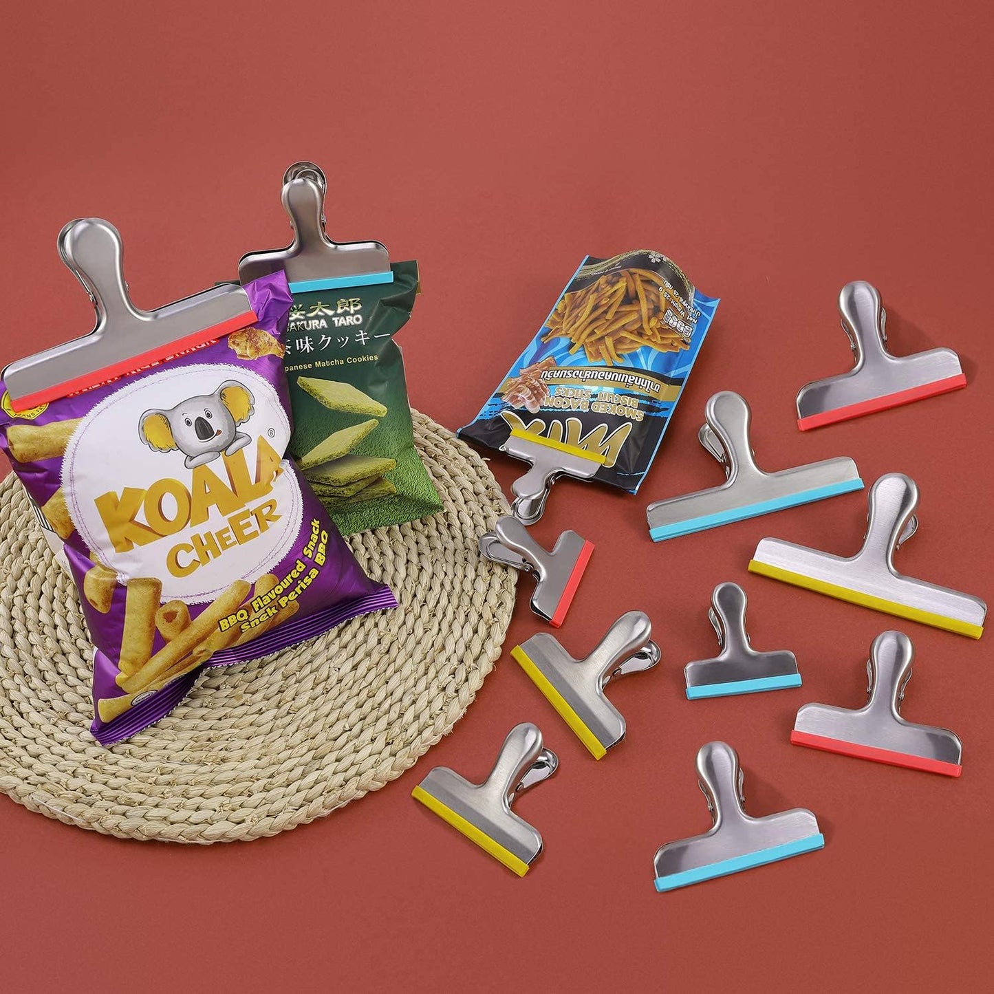 HOUSE AGAIN 12 Pack 3 Sizes Stainless Steel Chip Bag Clips Covered with Silicone - NO More Sharp