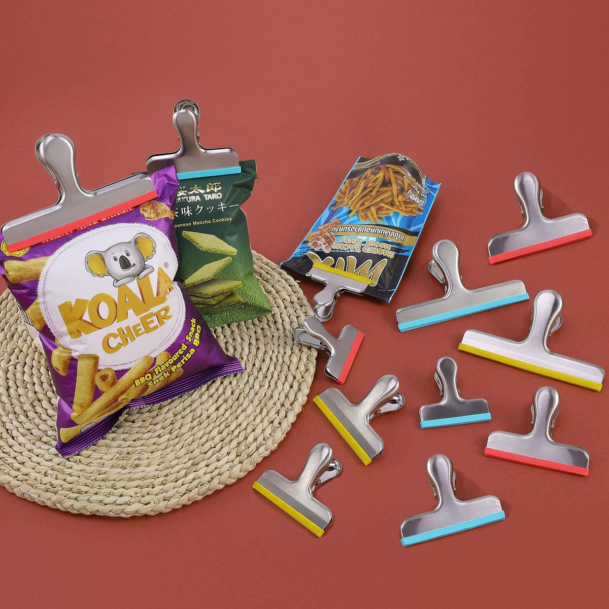 HOUSE AGAIN 12 Pack 3 Sizes Stainless Steel Chip Bag Clips Covered with Silicone - NO More Sharp