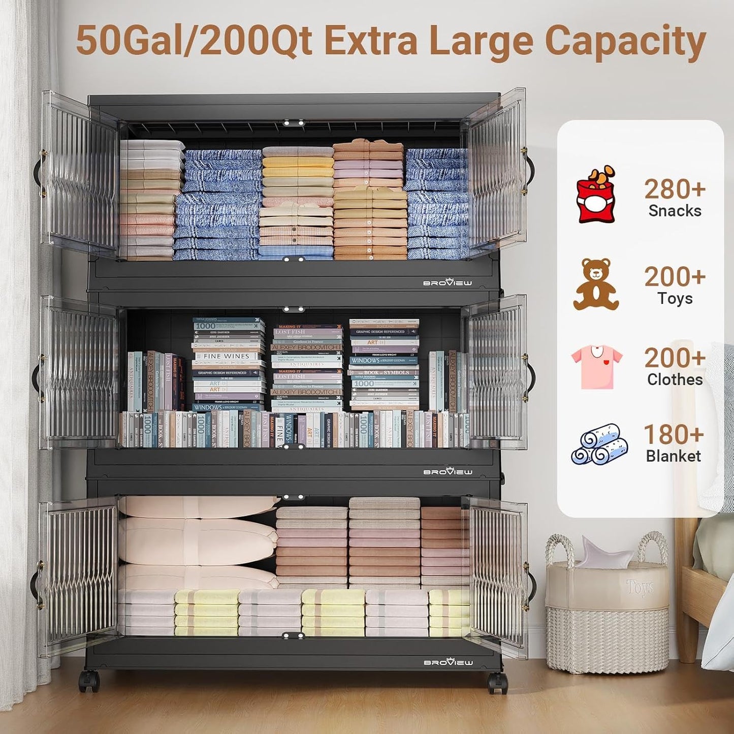 BROVIEW 800Qt Extra Large Stackable Storage Bins with Lid, Closet Organizer Collapsible Drawer