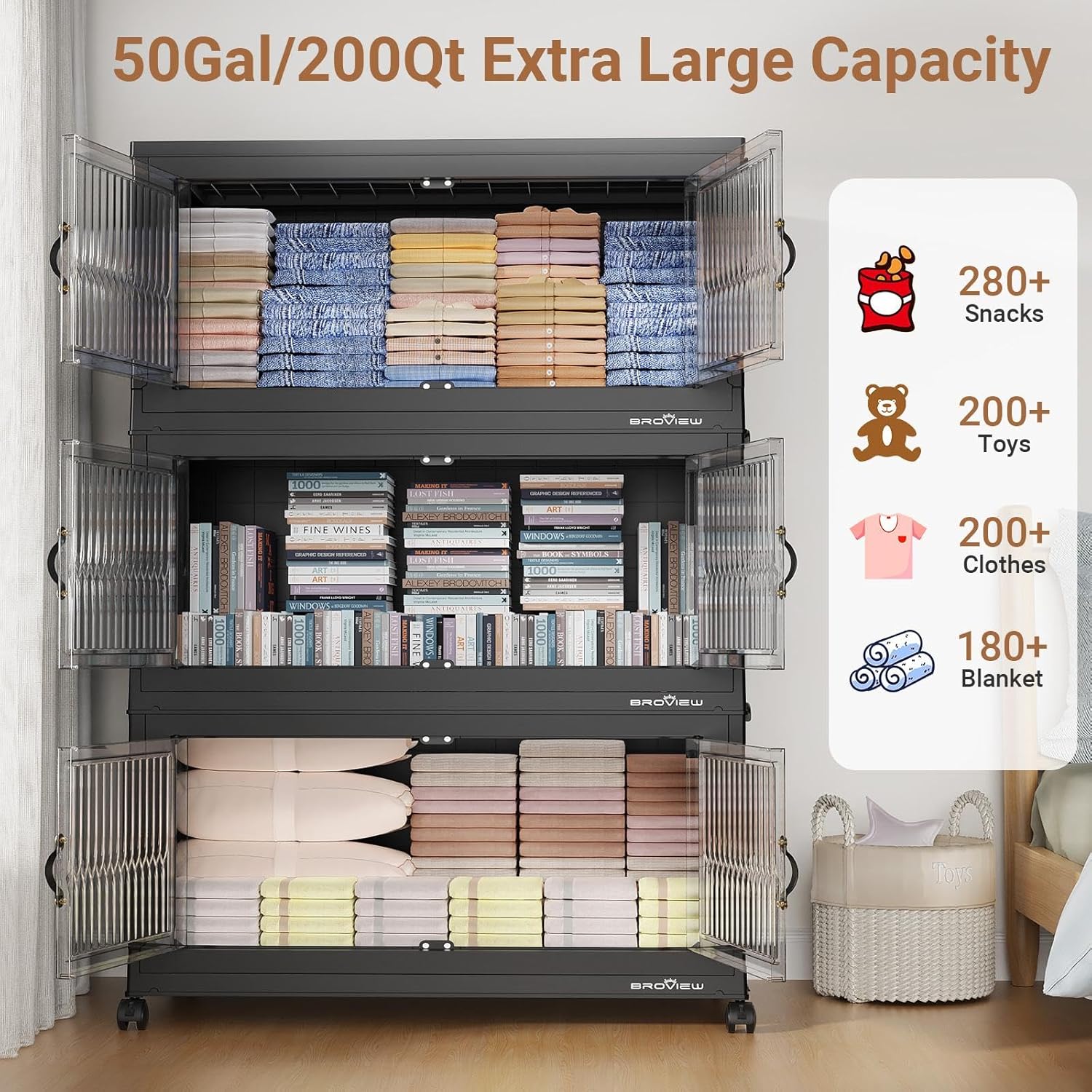 BROVIEW 800Qt Extra Large Stackable Storage Bins with Lid, Closet Organizer Collapsible Drawer