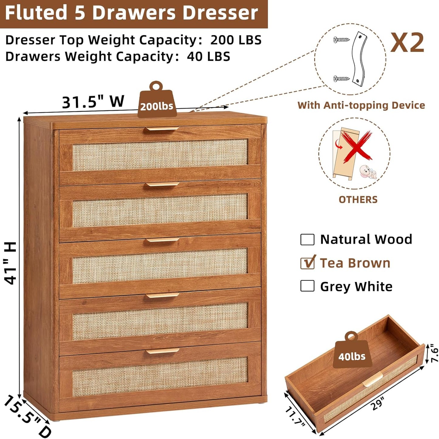 LEYAOYAO Dresser for Bedroom, 41" Tall Chest of Drawers, Modern 5 Drawers Boho Rattan Dressers with