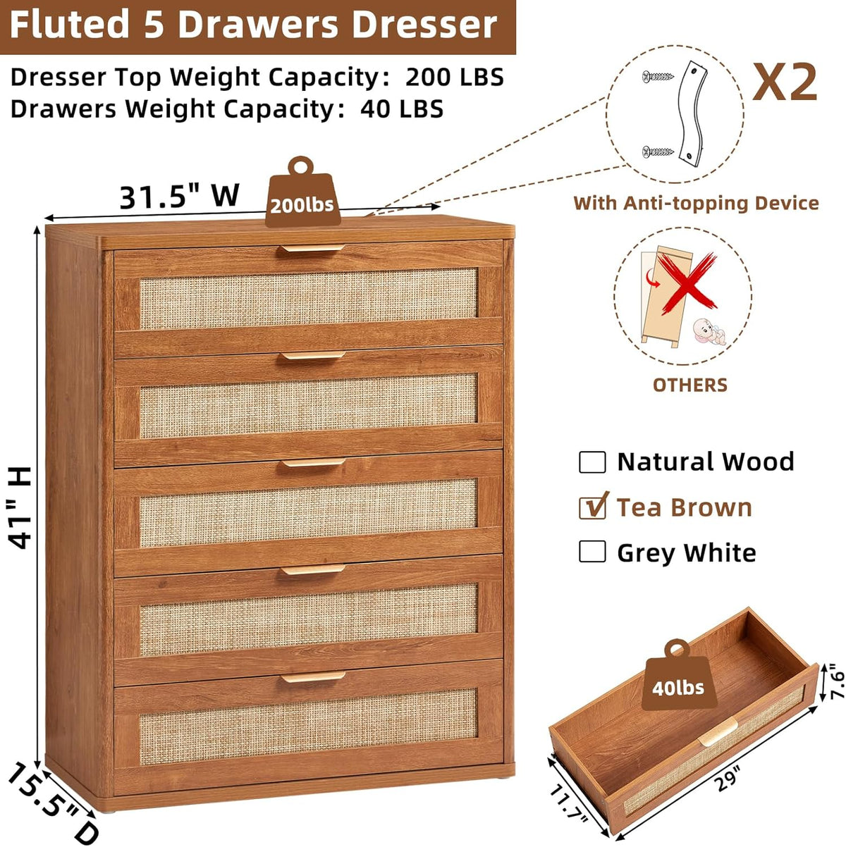 LEYAOYAO Rattan Dresser for Bedroom Set 2, 41" Tall Chest of Drawers, Modern 5 Drawers Boho