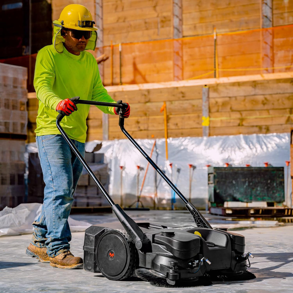 30" Battery Powered Push Sweeper with Triple Power Brooms Electric Drive and Dust Suppression (30"