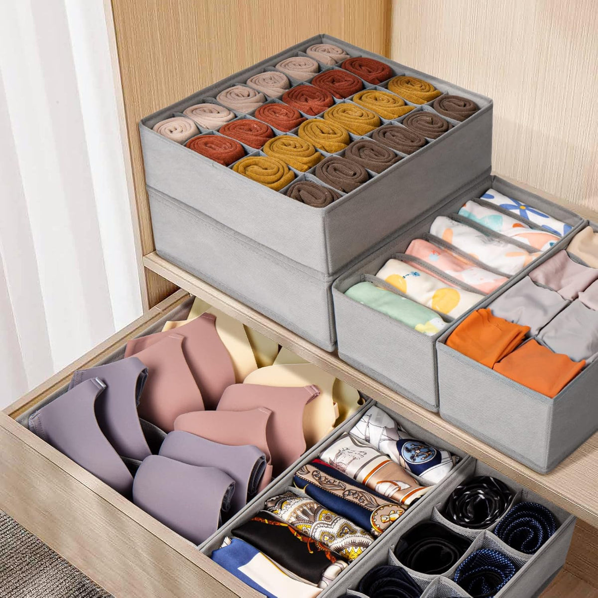 12 Pack Sock Underwear Drawer Organizer Dividers, 116 Cells Fabric Foldable Dresser Closet