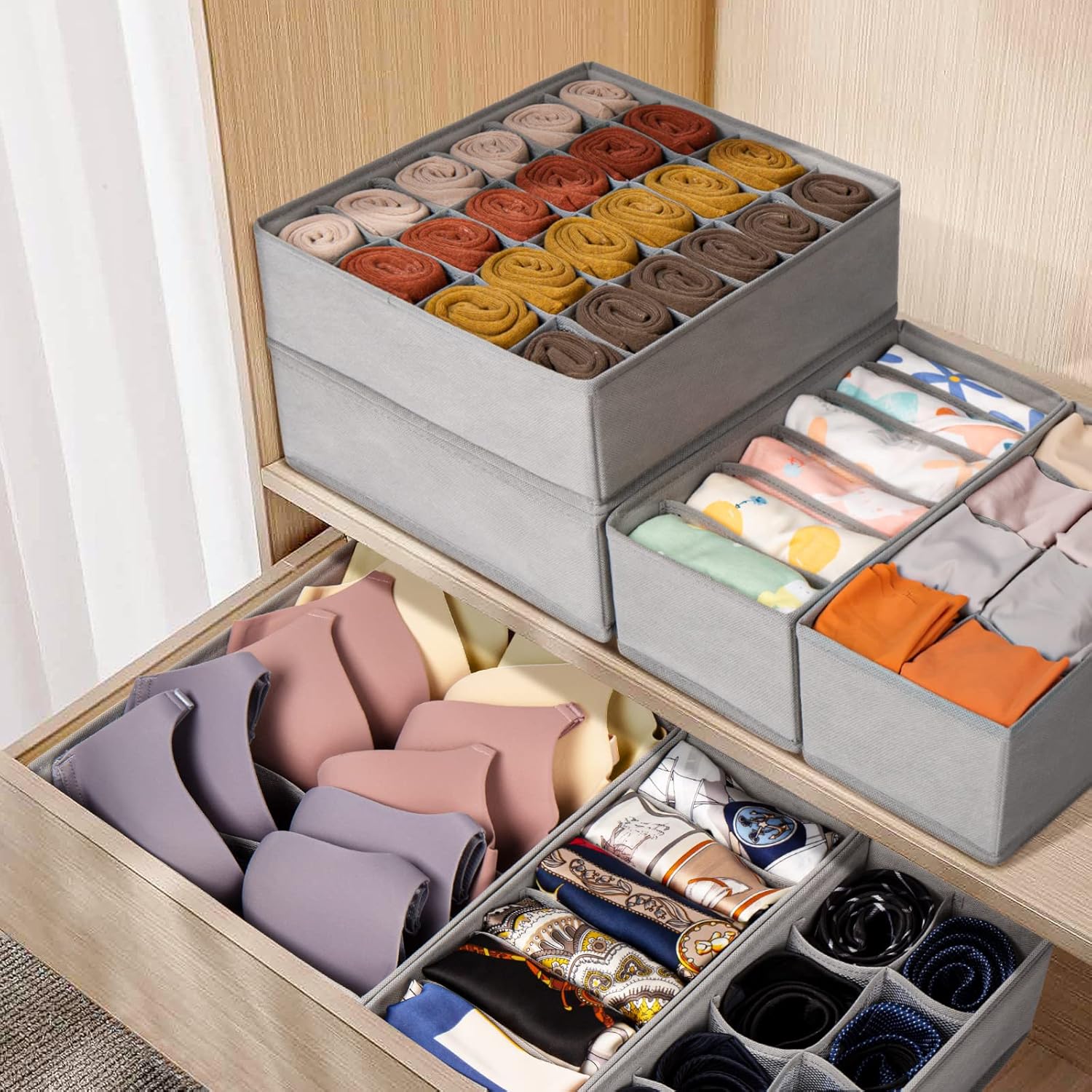 12 Pack Sock Underwear Drawer Organizer Dividers, 116 Cells Fabric Foldable Dresser Closet