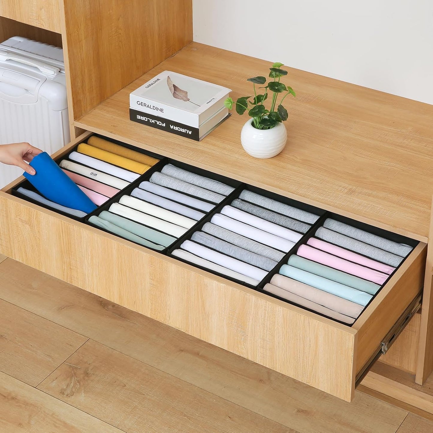 Qozary 4 Pack Drawer Organizers for Clothing, 8 Grids Foldable Closet Organizers and Storage Bins