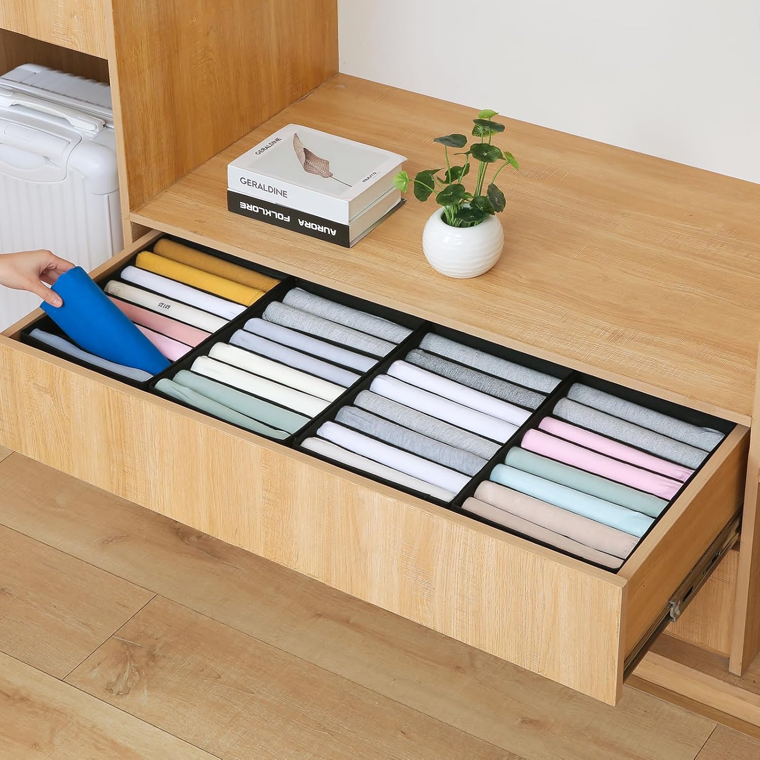 Qozary 4 Pack Drawer Organizers for Clothing, 8 Grids Foldable Closet Organizers and Storage Bins