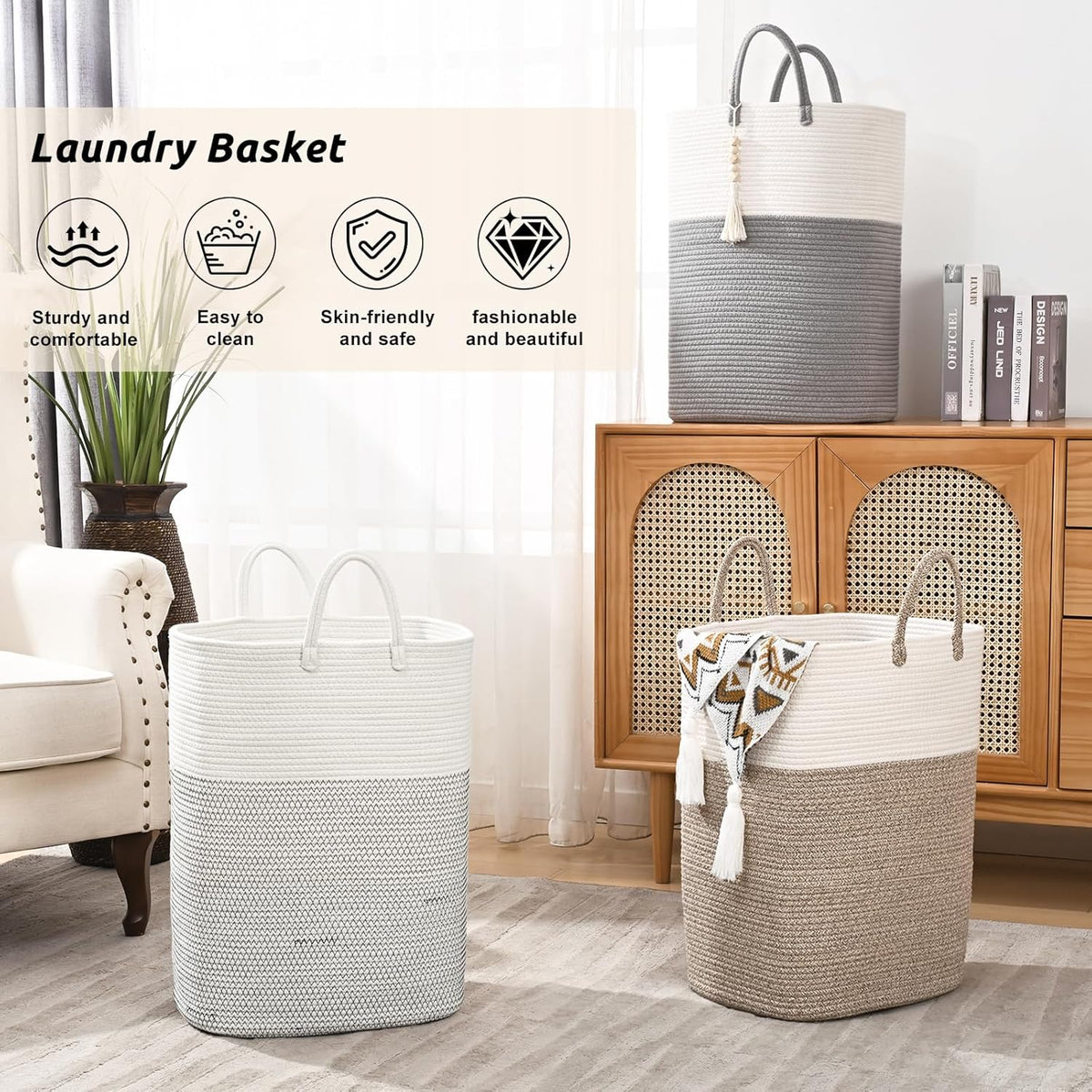 Woven Laundry Basket for Clothes, 65L Large Rectangle Laundry Hampers, Nursery Storage Basket for