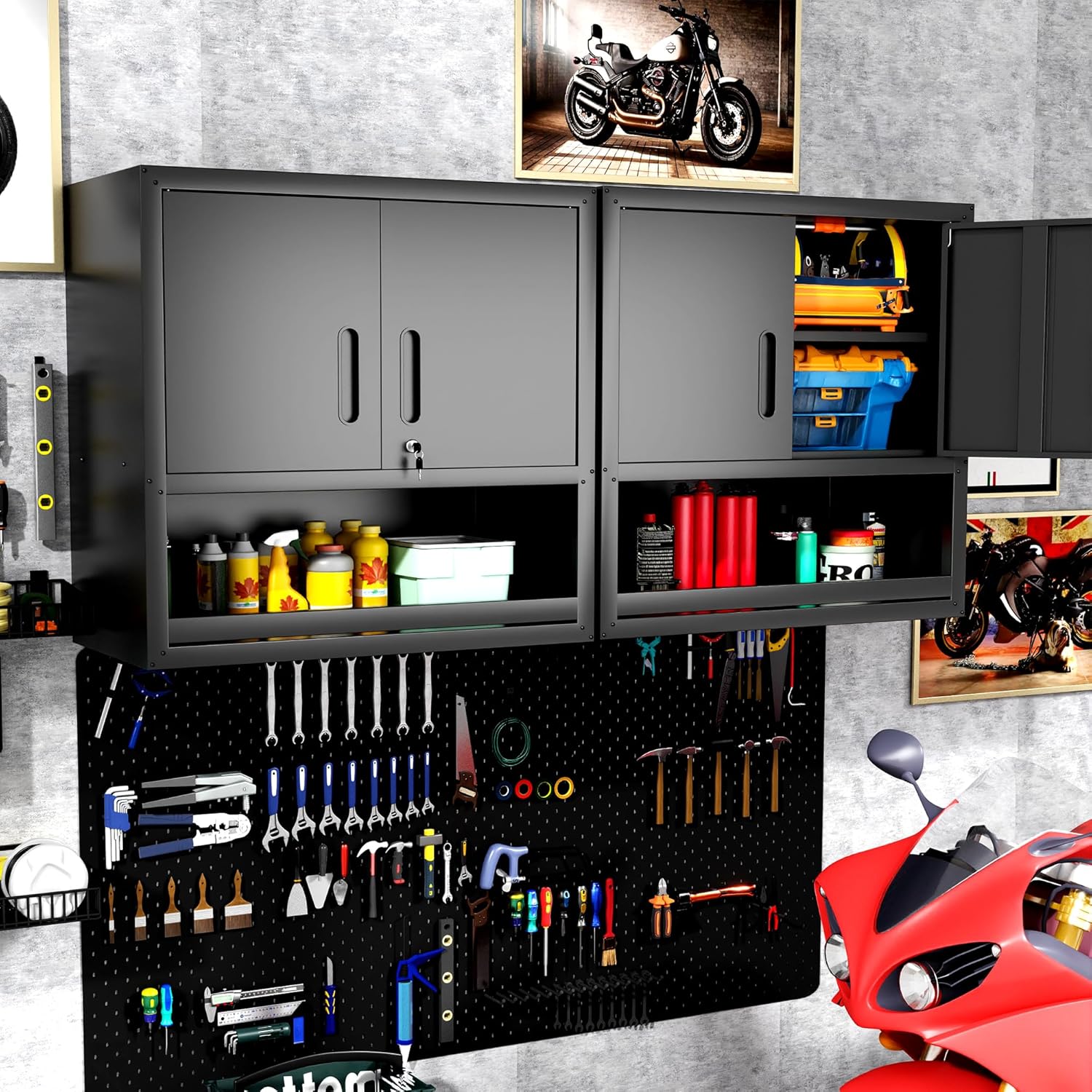 Garage Wall Cabinet with Doors and Shelves, Wall Mounted Metal Storage Cabinet with Open Storage