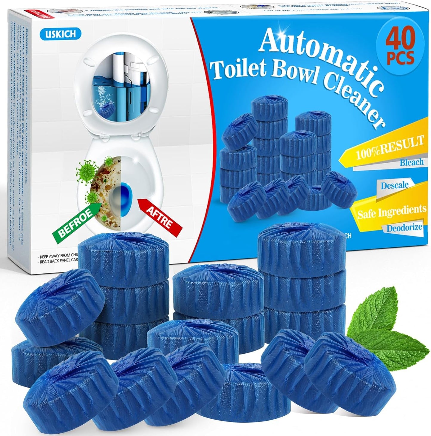 USKICH 40 Pack Toilet Bowl Cleaner Tablets,Blue Automatic Toilet Tank Cleaners, Long-Lasting