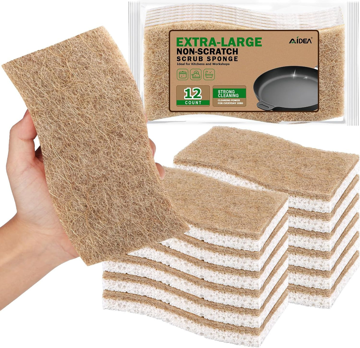 AIDEA XL Sponges Kitchen, 12Count, Non-Scratch Scrub Sponge, Large Natural Sponge for Non Stick