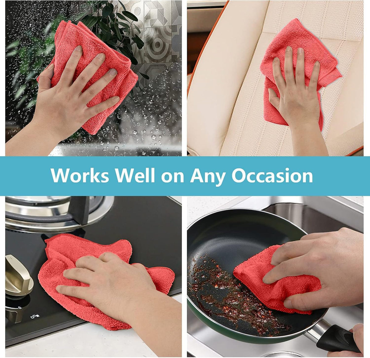 HOMEXCEL Red Microfiber Cleaning Cloth, 100 Pack Cleaning Towels for Kitchen, Lint Free
