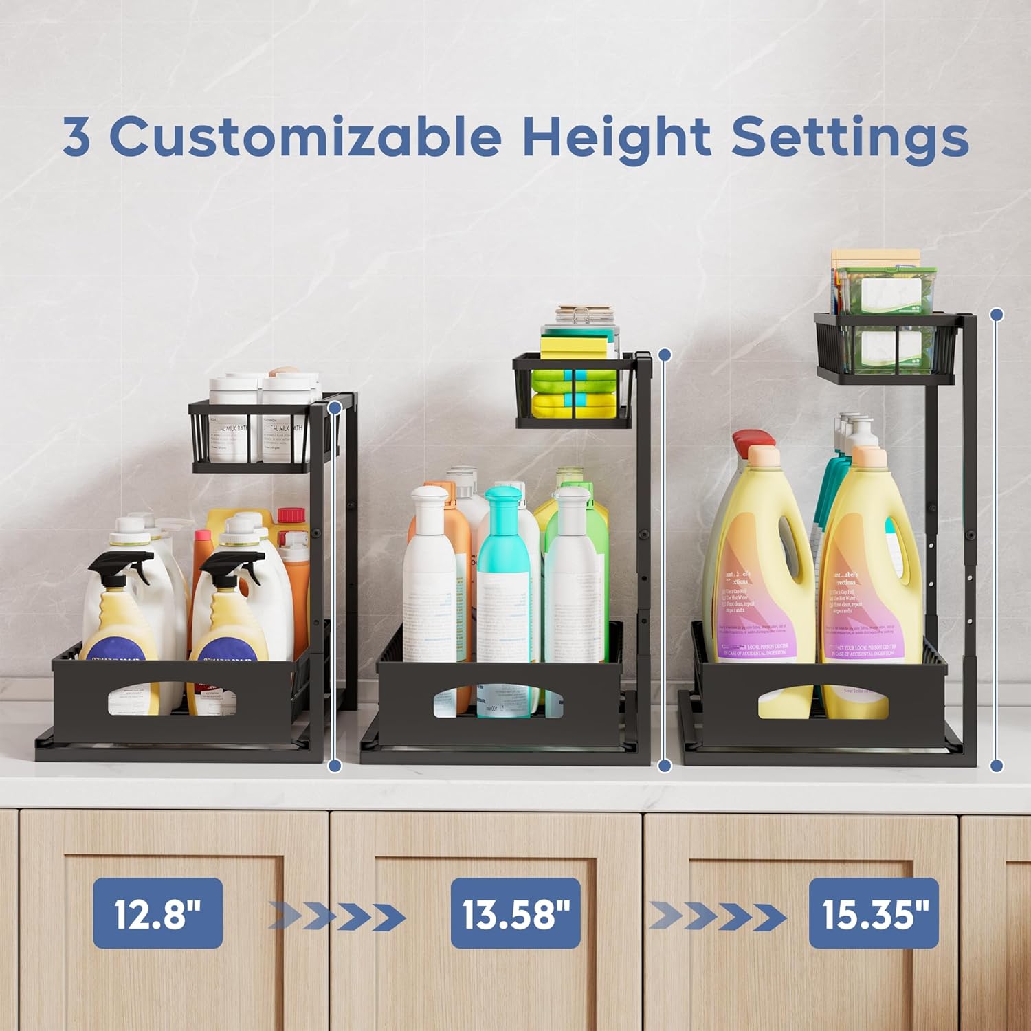 Under Sink Organizer, 2 Pack Height Adjustable Cabinet Organizer with Slide Out Drawer, Pull Out