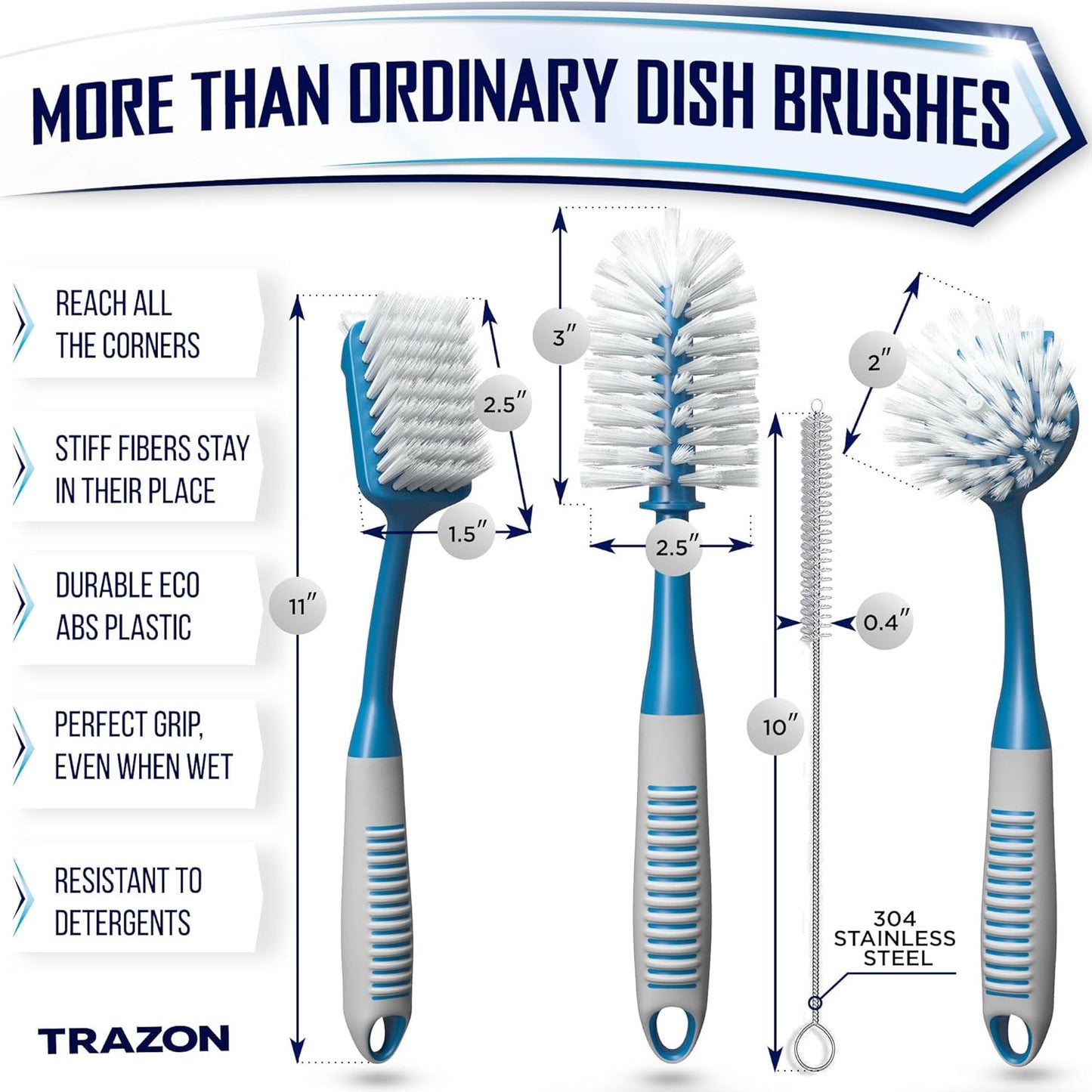 Dish Brush Set of 4 - Kitchen Scrub Brushes with Non-Slip Long Handle for Cleaning, Scrubber