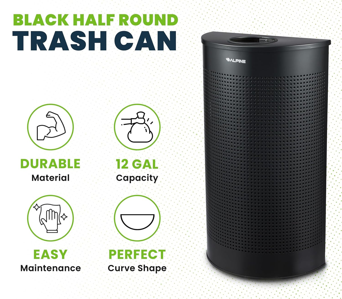 Alpine Half Round Trash Can Open Top - Modern Black Metal 12 Gallon, Space Saving Indoor Commercial