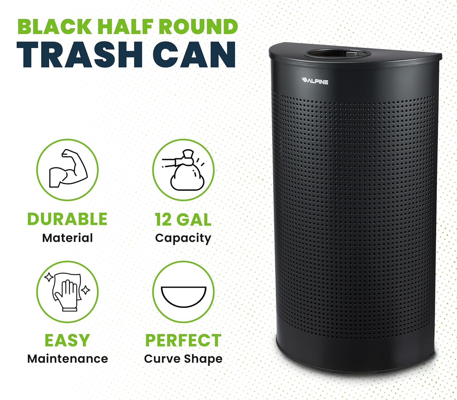 Alpine Half Round Trash Can Open Top - Modern Black Metal 12 Gallon, Space Saving Indoor Commercial